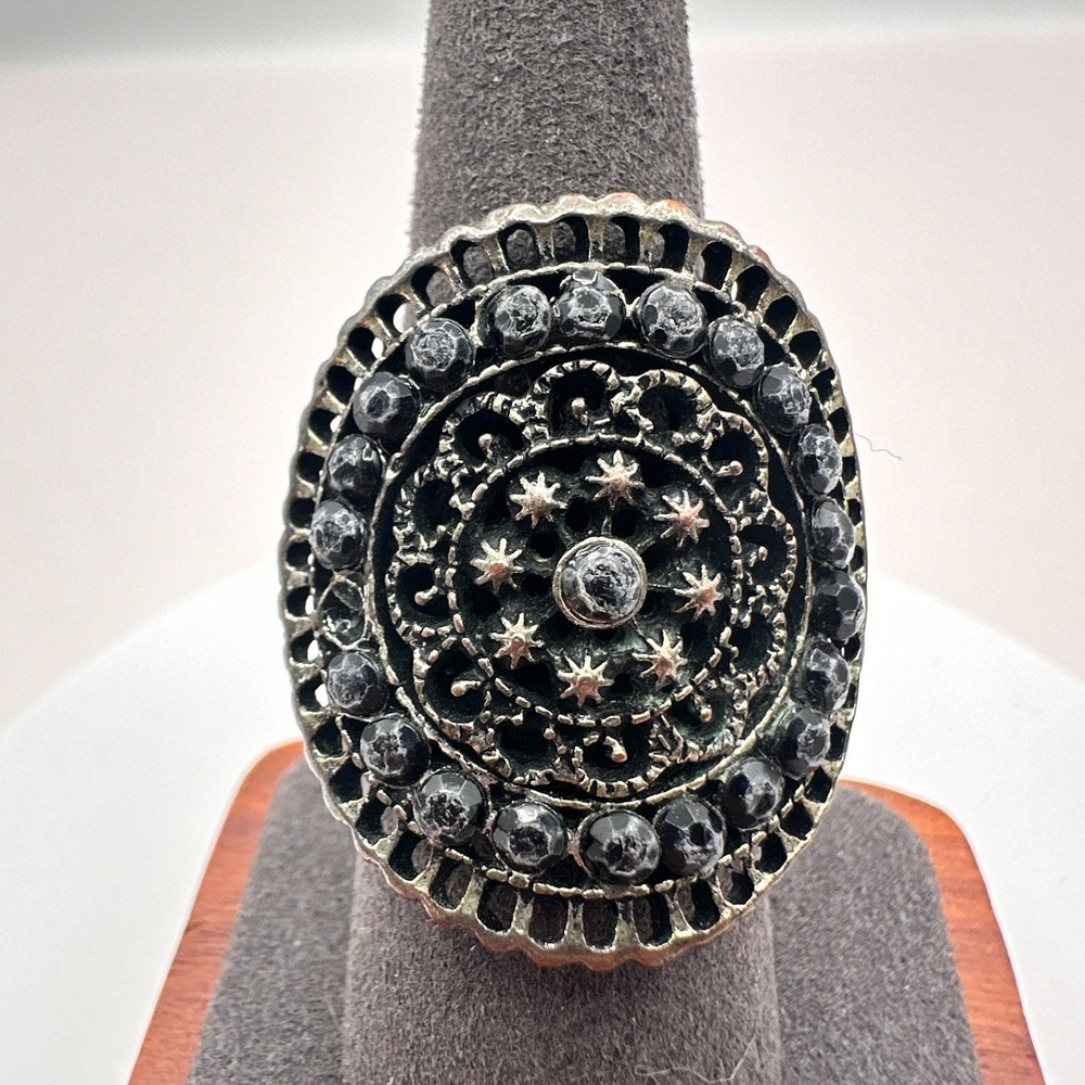 Vintage 90s Silver Tone Black Beaded Stretch Statement Ring Y2K Jewelry